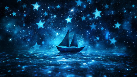 A dreamy, misty landscape where an enchanted boat floats on a river of stars, with copy space.の素材