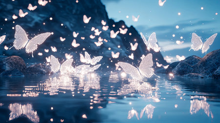 A fantasy landscape where glowing butterflies dance around a crystal-clear lake, with copy space.の素材