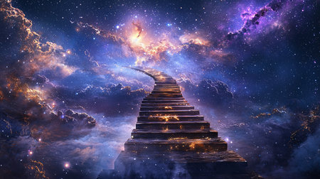 A dreamy night sky filled with glowing stars and a floating bridge leading into infinity, with space for text.の素材