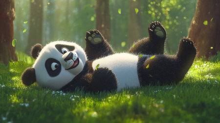 A charming cartoon panda joyfully plays in a sunlit forest, surrounded by vibrant greenery. This delightful scene captures the whimsical nature of wildlife in a cheerful setting.の素材