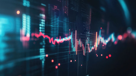 Digital visualization of financial market data showcasing trends and fluctuations. Vibrant colors and abstract lines create a modern and futuristic look.の素材