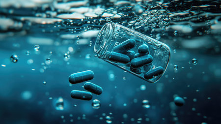 An artistic underwater photograph showcasing blue capsules floating gracefully around a glass jar, surrounded by bubbling water, creating a serene atmosphere.の素材