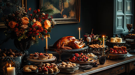 A beautifully arranged Thanksgiving feast showcases a golden turkey surrounded by an array of desserts, fruits, and elegant floral decor, perfect for festive gatherings.の素材