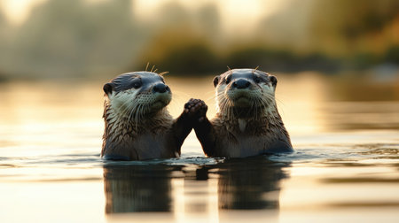 Two adorable otters stand in calm water, gently holding paws. The warm sunset enhances their playful connection, portraying nature's beauty and friendship.の素材