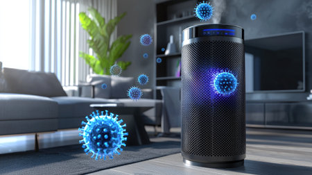 A stylish air purifier stands in a modern living room, emitting steam and surrounded by floating virus particles. Ideal for promoting health and cleanliness.の素材