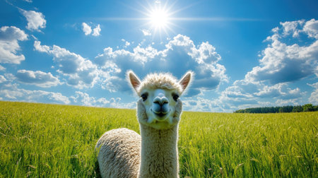 A delightful alpaca stands in a vibrant green field, smiling under a radiant sun and a backdrop of fluffy clouds, capturing the essence of nature's beauty.の素材