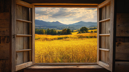 A picturesque view of a golden wheat field framed by a rustic window, offering a serene depiction of nature's beauty with distant mountains and a vibrant sky.の素材