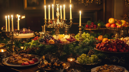 A beautiful candlelit table set for a lavish feast featuring an array of fresh fruits and desserts. The warm ambiance creates a rich, inviting atmosphere perfect for celebrations.の素材