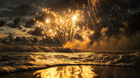 A stunning fireworks display illuminates the dusk sky over ocean waves, creating a mesmerizing reflection on the water. Celebrate the beauty of nature.の素材