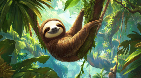 A cute sloth hangs playfully from a tree branch in a vibrant tropical jungle, surrounded by lush greenery and dappled sunlight, creating a serene atmosphere.の素材