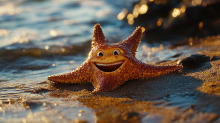 A cheerful starfish with a happy expression rests on a sandy beach, surrounded by gentle waves. This vibrant marine life brings joy to coastal scenery, showcasing nature's beauty.の素材