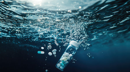 An artistic underwater scene featuring a bottle of pills surrounded by bubbles, illustrating themes of health and wellness in an aquatic environment.の素材