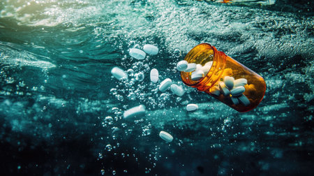 An orange prescription bottle spills white pills into clear water, surrounded by bubbles. This striking underwater scene highlights medication's impact on health.の素材