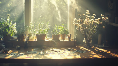 A serene interior scene featuring sunlight streaming through a window, illuminating a table adorned with plants, flowers, and vintage photos, creating a peaceful atmosphere.の素材