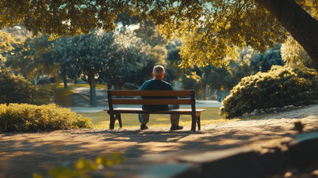 A serene park scene featuring an elderly man sitting on a bench surrounded by lush greenery. The image captures a moment of tranquility and reflection amidst nature.の素材
