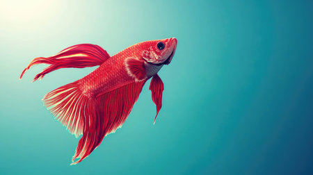 A striking red betta fish glides through tranquil water, showcasing its vibrant colors and flowing fins. Ideal for themes of nature and serenity.の素材