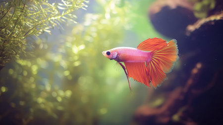 A stunning betta fish glides gracefully through its lush underwater habitat, showcasing vibrant colors and elegant fins that capture the beauty of aquatic life.の素材