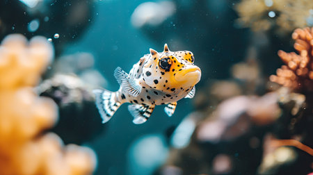 A stunning capture of a colorful tropical fish swimming gracefully through a vibrant coral reef. This underwater scene showcases the beauty and diversity of marine life, providing a glimpse into a serene aquatic world.の素材