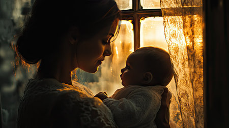A serene silhouette captures a tender moment between a mother and her baby, framed by a softly lit window. This image evokes warmth, love, and connection.の素材
