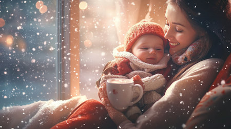 A heartwarming scene of a mother holding her sleeping baby by a snowy window, radiating warmth and love. The cozy atmosphere and gentle snowflakes create a perfect winter moment.の素材
