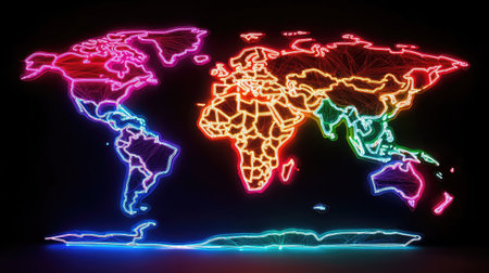 This vibrant neon light world map features colorful outlines of continents on a dark background, perfect for digital projects, travel themes, and art display.の素材