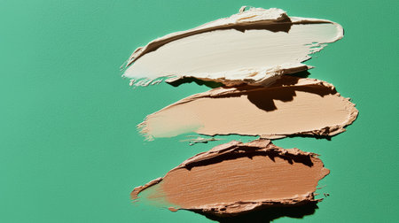 Artistic composition of paint strokes in neutral tones against a vibrant green background. Perfect for beauty, design, and creative projects showcasing texture and color harmony.の素材