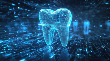 A stunning 3D illustration of a digital tooth represented in a blue neon environment, showcasing advanced dental technology and modern healthcare.の素材