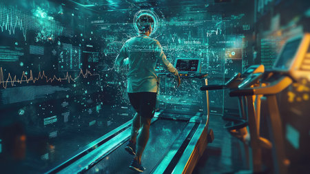 A runner uses a smart treadmill in a futuristic gym filled with digital screens displaying performance data and health metrics. This scene illustrates advanced fitness technology.の素材
