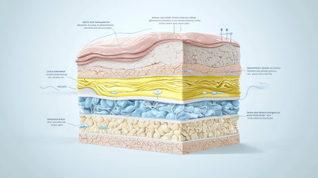 Detailed illustration depicting the cross-section of human skin layers, highlighting important components like cells, collagen, and blood vessels for educational purposes.の素材