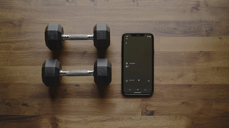 A pair of dumbbells sits beside a smartphone on a wooden surface, symbolizing fitness and workout routines. Ideal for health and exercise themes.の素材