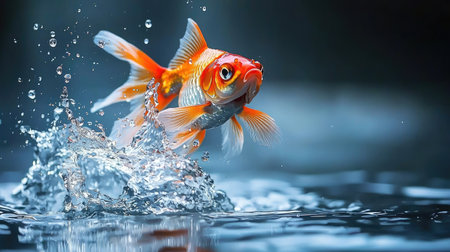 A lively goldfish leaps from the water, creating a stunning splash, surrounded by glimmering droplets. This captivating image showcases the beauty of aquatic life.の素材