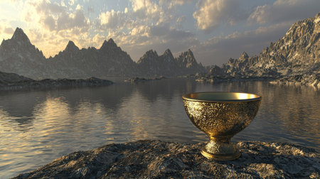 A stunning golden cup rests on a rocky shore, reflecting a serene lake surrounded by majestic mountains and a colorful sunset sky. Perfect for inspiring creativity.の素材