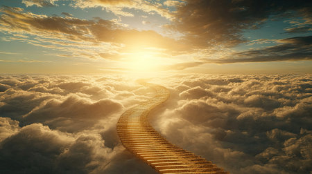 A mesmerizing wooden pathway twists through fluffy clouds, leading towards a vibrant sunrise. This scene evokes feelings of peace, hope, and adventure.の素材