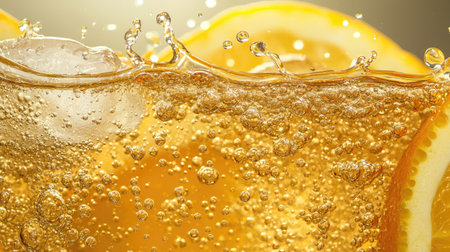 A vibrant close-up of refreshing bubbles rising in a sparkling beverage, infused with juicy lemon slices. Perfect for summer drink ideas and food photography.の素材