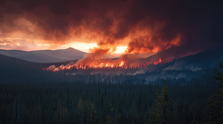 A breathtaking scene captures the dramatic beauty and danger of a raging forest fire at sunset. Flames dance against a dark skyline, illuminating the trees.の素材