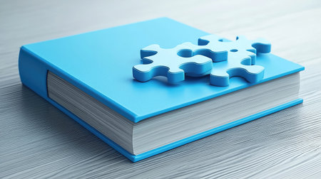 Abstract learning concept featuring a blue book and interlocking puzzle pieces.の素材