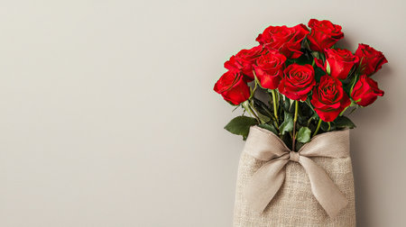 A beautiful bouquet of red roses wrapped in a soft fabric with a bow, ideal for expressing love and affection. Perfect for various occasions.の素材