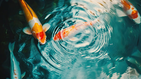 Vibrant koi fishes glide gracefully through clear pond water, creating lovely ripples. This serene outdoor scene captures the essence of tranquility and natural beauty.の素材