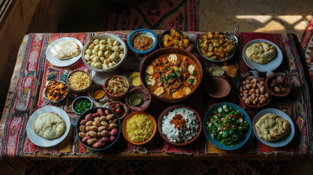 A vibrant spread of traditional Indian dishes displayed on a colorful tablecloth showcases a variety of flavors and textures, perfect for celebrations.の素材