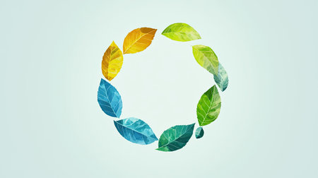 Abstract eco-friendly leaf arrangement forming a nature-inspired circular pattern.の素材