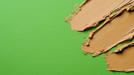 A vibrant green background showcases textured strokes of brown paint, creating an artistic and abstract composition perfect for creative projects or decor.の素材