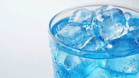 Close-up of a chilled carbonated drink with ice cubes floating in a fizzy blue liquid.の素材