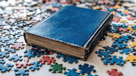 Creative education concept with a blue book and puzzle pieces on a white surface.の素材