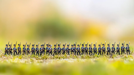 A captivating image of miniature soldiers arranged in formation on a soft green background, illustrating dynamics of childhood play and craftsmanship.の素材