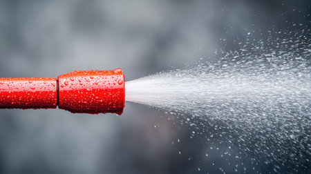 Close-up of a red fire hose nozzle releasing a strong mist of water.の素材