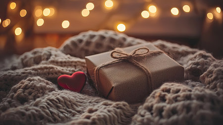 Cozy holiday scene with an elegantly wrapped present, shimmering lights, and soft heart accents.の素材