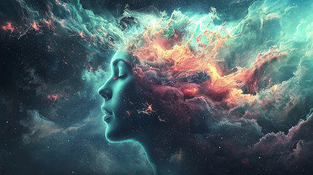 A mesmerizing silhouette of a woman surrounded by vibrant cosmic colors and a galactic backdrop, evoking dreams and imagination in a surreal artistic representation.の素材