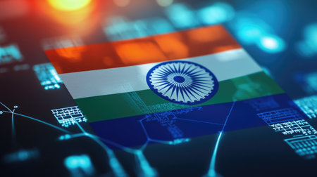 Business growth graph with India flag in background, symbolizing economic innovation, copy space.の素材