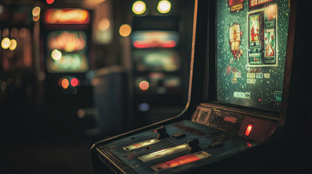 A vintage arcade machine stands prominently in a dimly lit game room surrounded by soft glowing lights, evoking nostalgia and joy for gamers and visitors.の素材