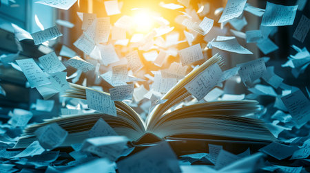 An enchanting image of an open book with floating pages illuminated by warm light. This captivating scene symbolizes inspiration and creativity, ideal for various artistic and educational themes.の素材